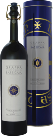 Grappa Elevata in Barili di Sassicaia 0,50 L, 40% Vol. in runder Metall GP