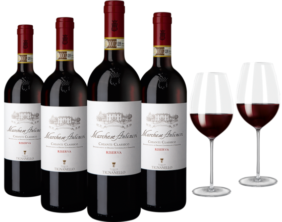 Marchese Antinori-Paket 4 Fl. + Zwiesel Grand Cru Rotweinglas, 2er Set