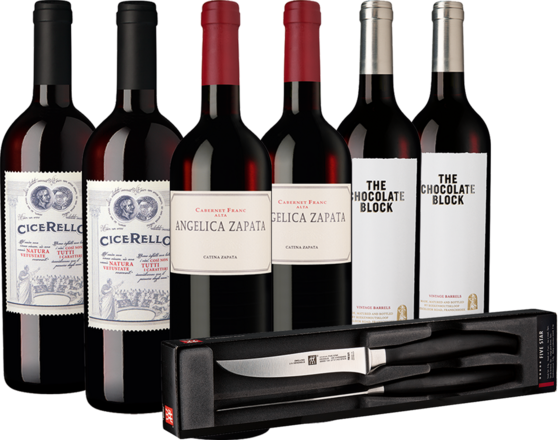 BBQ Rotweine inkl. Steakmesser 3x2 Fl. und Steakmesser