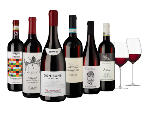Italien Rotwein-Collection 6 Fl. und Zwiesel Grand Cru Rotweinglas, 2er Set