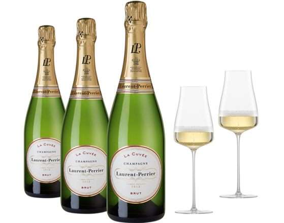 Laurent-Perrier Champagner-Paket 3 Fl. + Zwiesel Champagnerglas The Moment, 2er Set