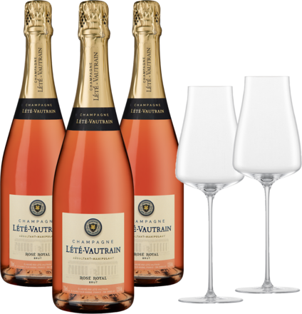 Lété-Vautrain Rosé Festtagspaket 3 Fl. + Zwiesel Champagnerglas The Moment, 2er Set