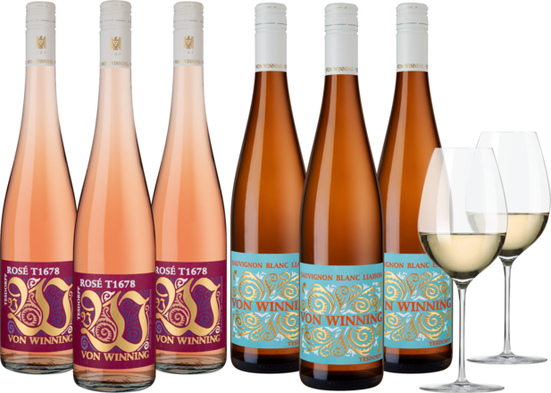 Von Winning Sommerpaket 2x3 Flaschen und Zwiesel Grand Cru Weißweinglas