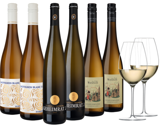 Deutschland-u. Österreich-Paket 3x2 Flaschen und Zwiesel Grand Cru Weinglas
