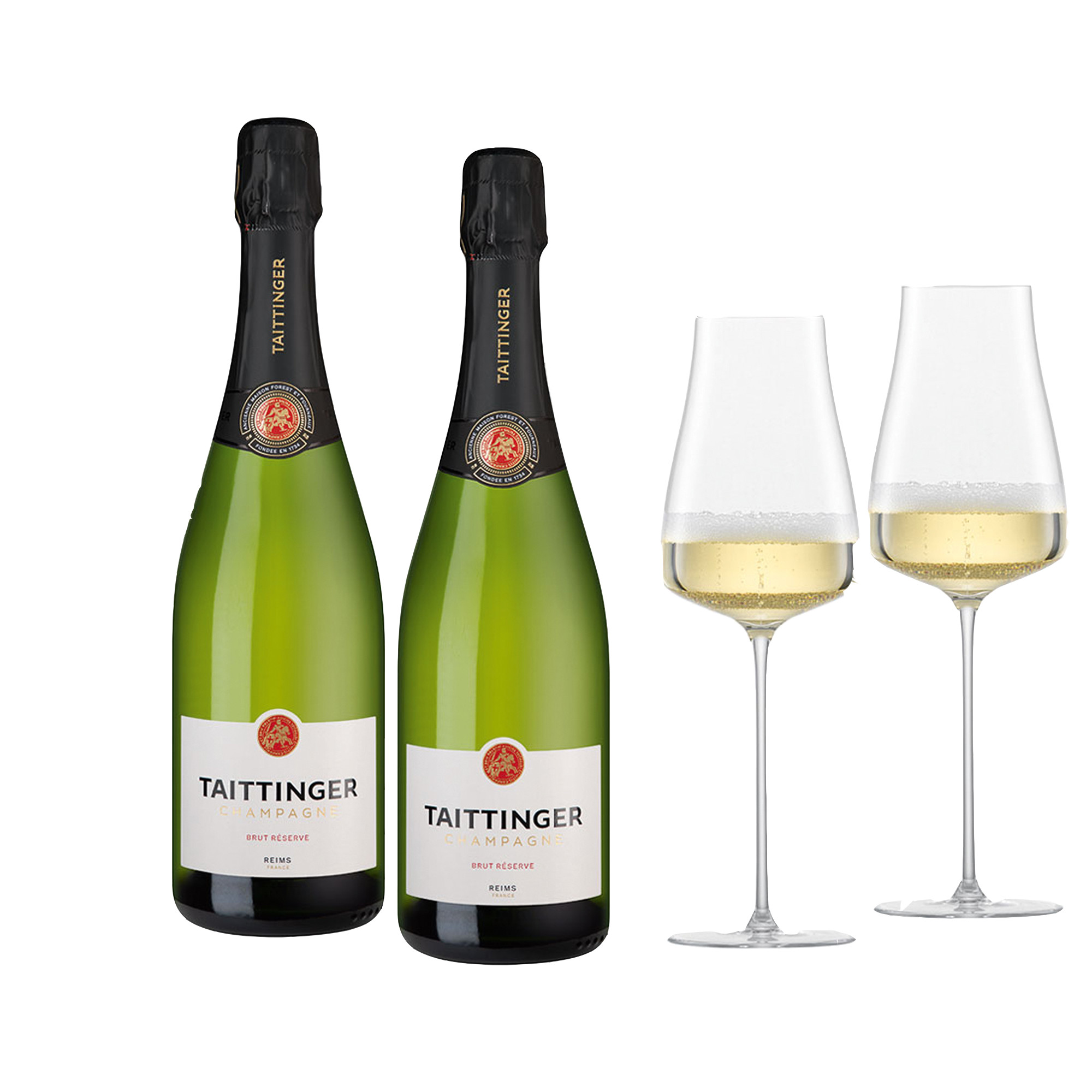 Taittinger-Paket Paket, 2 Fl. Taittinger Réserve + 2er Set The Moment Glas 1.5 l